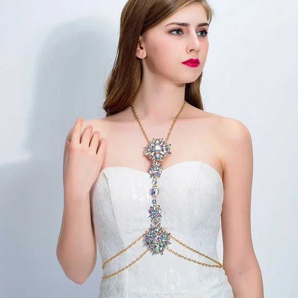 Boho Long Crystal Rhinestone Body Necklace Harness - Picture 5 of 16